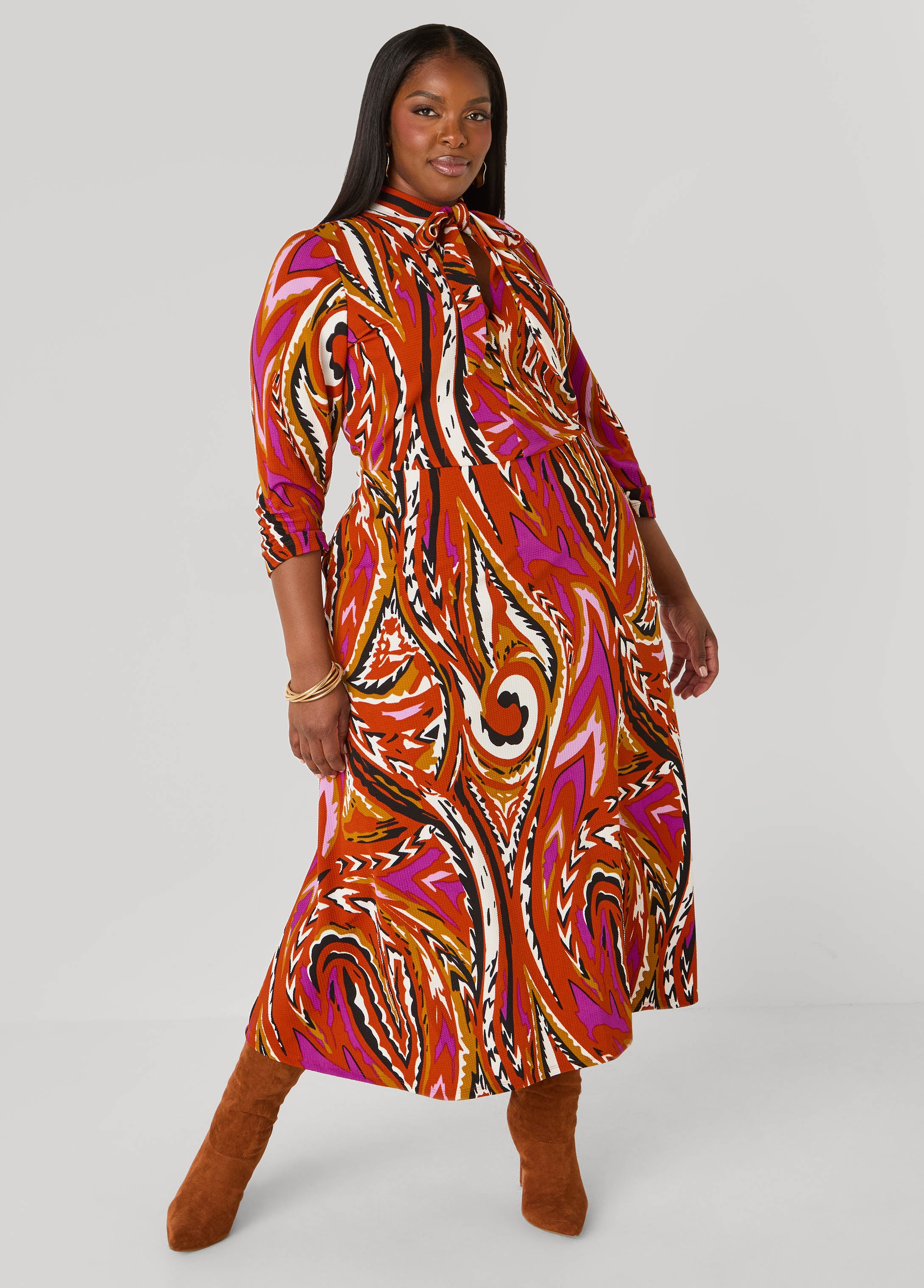 Plus Size Tie Neck Paisley Maxi Dress