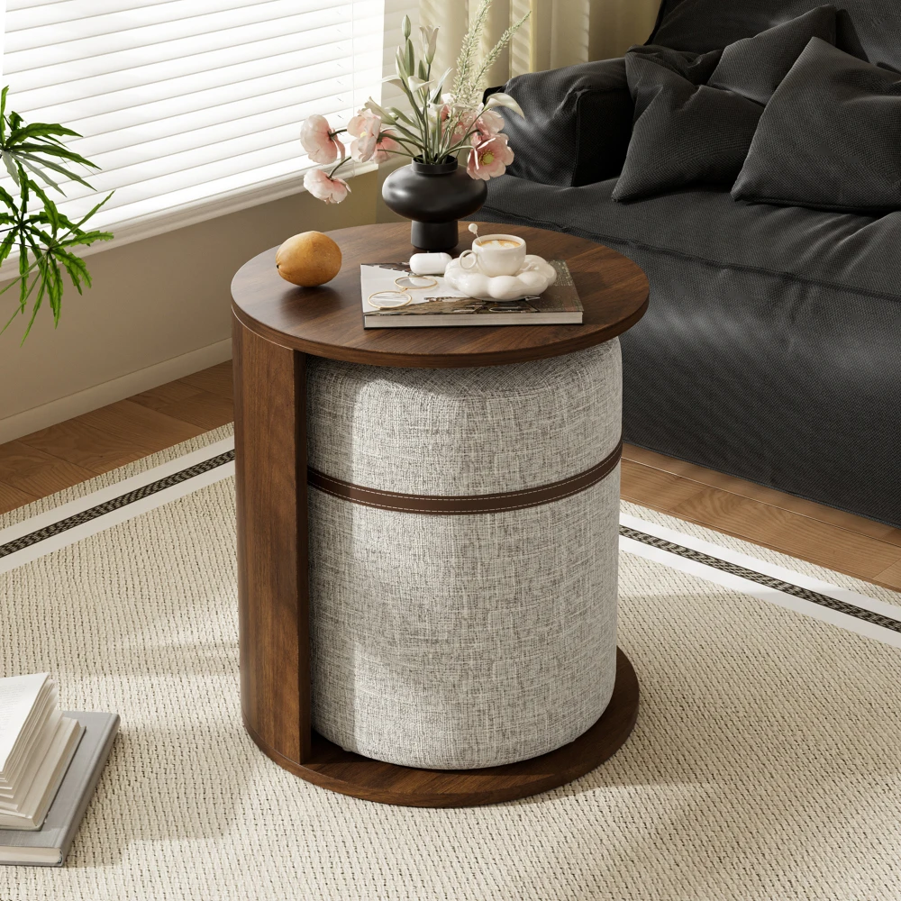 Multifunktionaler moderner runder Beistelltisch mit Hocker-Set, Holzoptik-MDF-Mehrzwecktisch, der als Couchtisch, Nachttisch und Sofa-Seitenregal dient, mit integriertem Stauraum, Wohnzimmermöbel für Zuhause.