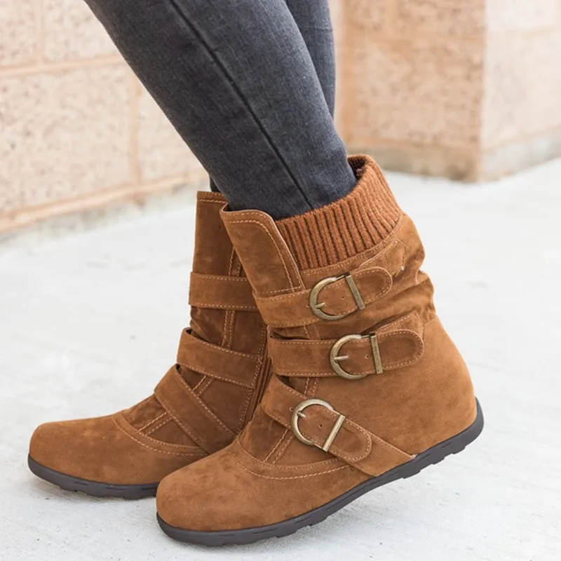 Luxus-Damenschuhe Warme Schneestiefel Flache Plüsch-Freizeitschuhe für Damen Herbst Winter Schnallenstiefel Mittelhohe Stiefel Übergrößen 35-43