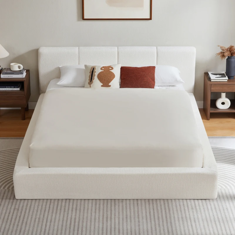 Modernes, gepolstertes Bettgestell mit gepolstertem Kopfteil, verstärktem Stahlrahmen, einfacher Montage, minimalistisches Design für das Schlafzimmer, ohne Boxspring oder Matratze.