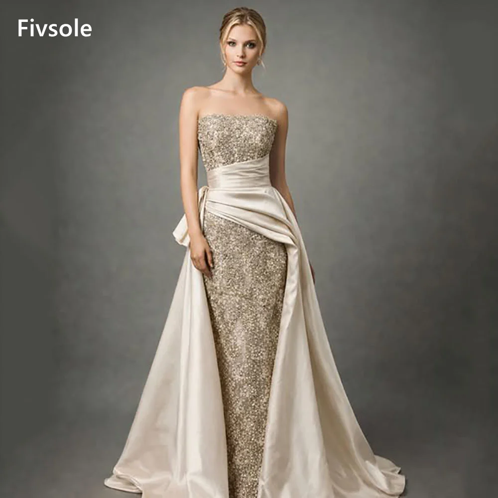 Fivsole Champagne Beaded Prom Dresses Strapless Mermaid Evening Dress Detachable Satin Overlay Party Gown 2026 Customized