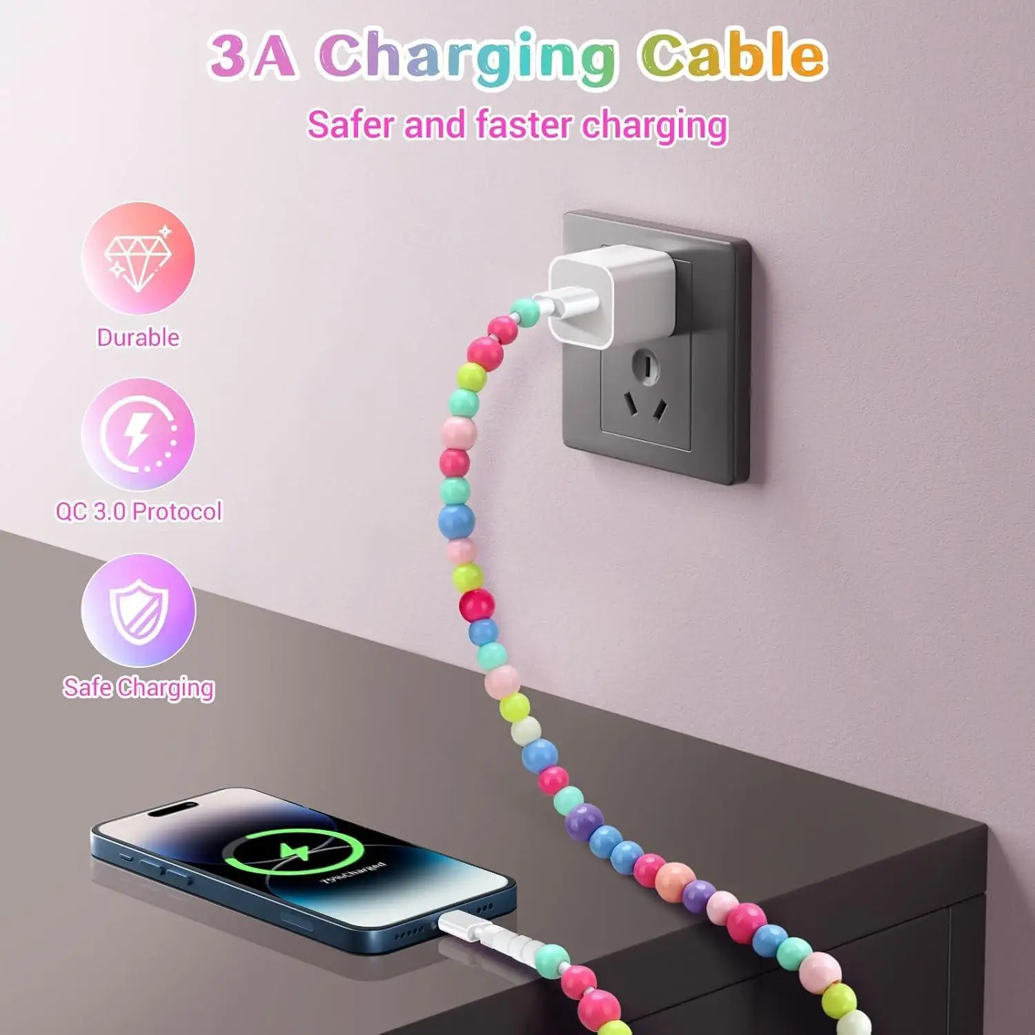 Macaron Perlenbesetztes 2-in-1 Ladekabel, USB-A zu Typ C & Lightning Dual-Connector Datenkabel, Niedliches Handgefertigtes Perlen-Dekor Ladekabel für Mobiltelefone