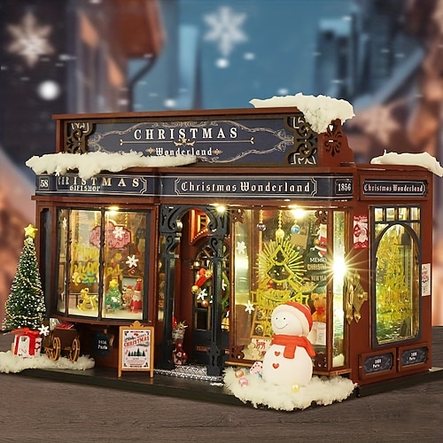 Kit de maison miniature de Noël à monter soi-même avec lumières LED, maquette de maison de poupée pour boutique de Noël, kit de bricolage détaillé pour adultes, décoration de table pour village - Lightinthebox.com/fr