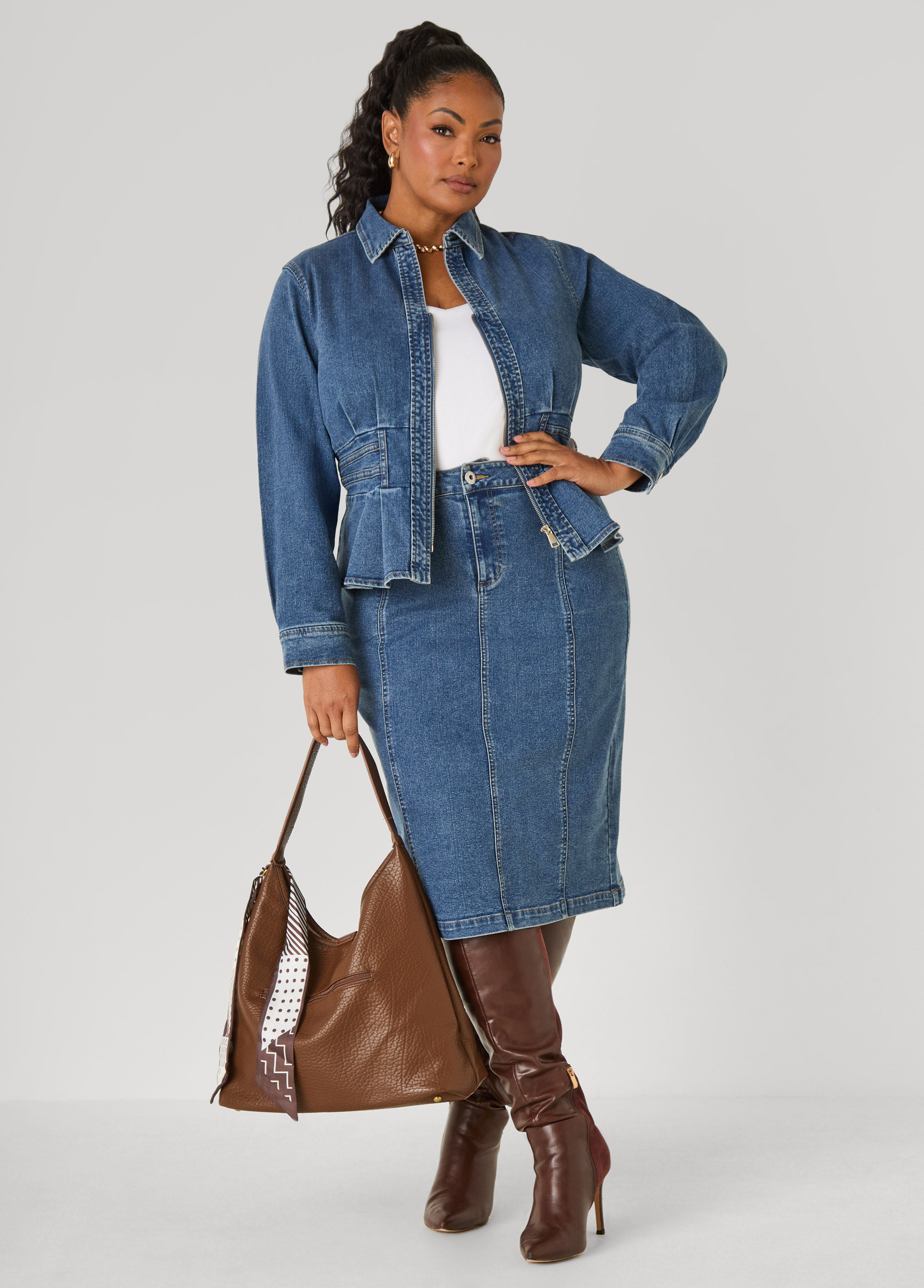 Plus Size Pleated Denim Skirt
