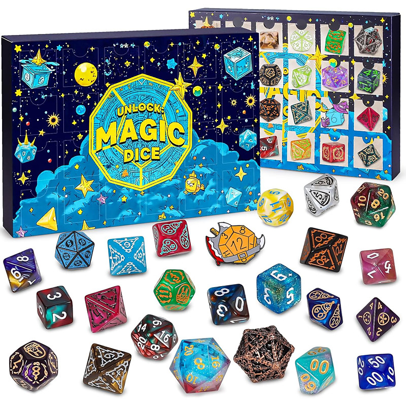 Mystery Dice Advent Calendar, 24-Piece Polyhedral Dice and Random Pins Gift Set, Fantasy Tabletop RPG Gaming Accessories for Game Nights and Collectors Christmas Gift
