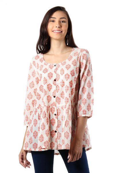 Sweet Honeysuckle,'Printed Cotton Blouse in Salmon from India'
