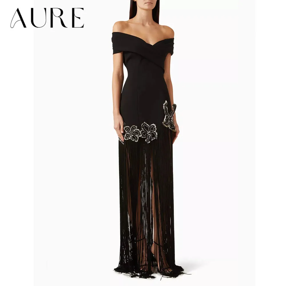 Aure cus Black Off Shoulder Evening Dress Bodycon Rhinestone Floral Applique Long Fringe Slit Maxi Dress Gala Party Event