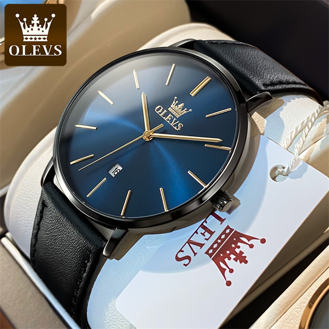 Ultra Thin Minimalist Men Leather Strap Quartz Watch With Auto Date black Blue