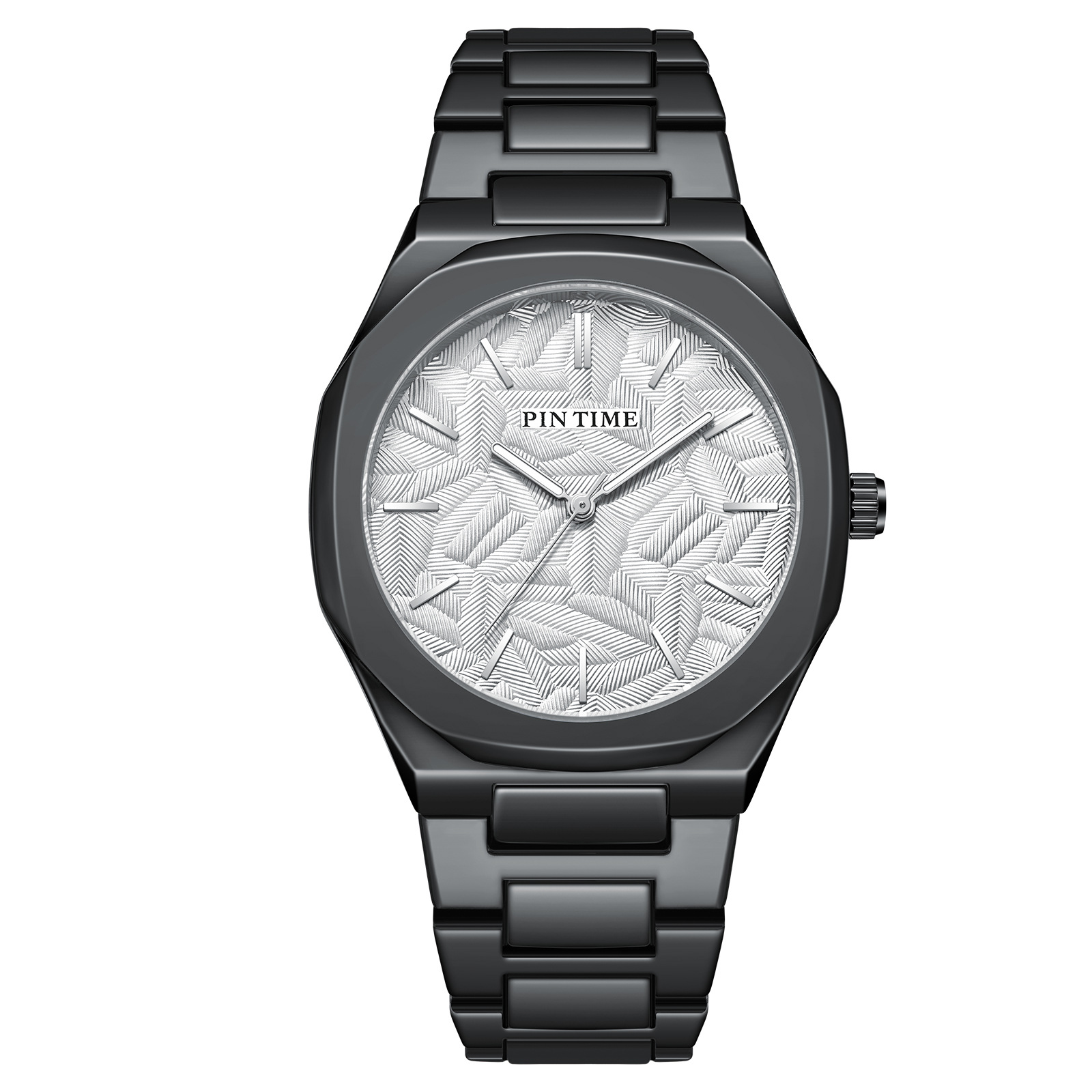 Luminous Waterproof Mens Quartz Watch With Stainless Steel Band black White