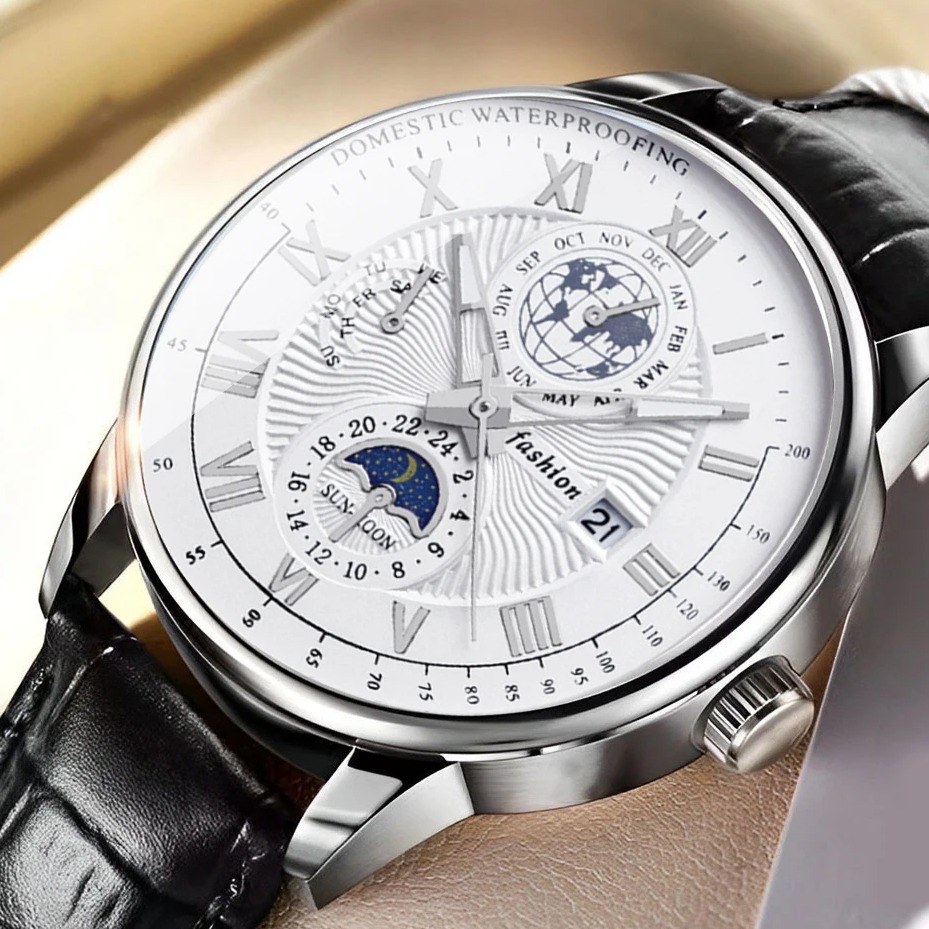 Luxury Mens Quartz Watch Waterproof Luminous Leather Date Wristwatch silver White