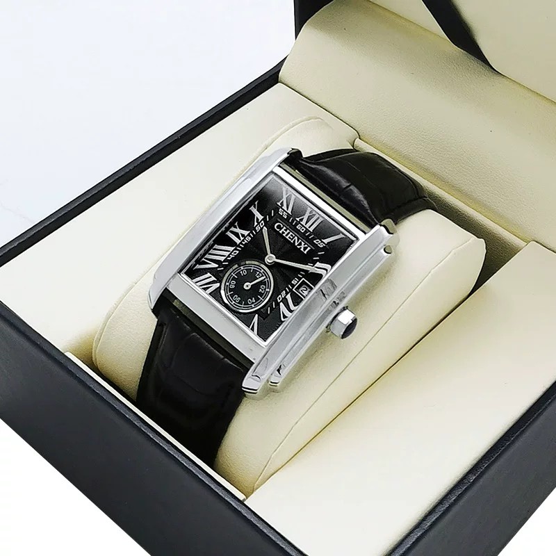 Classic Square Roman Numeral Quartz Watch For Men With Genuine Leather Band silver black