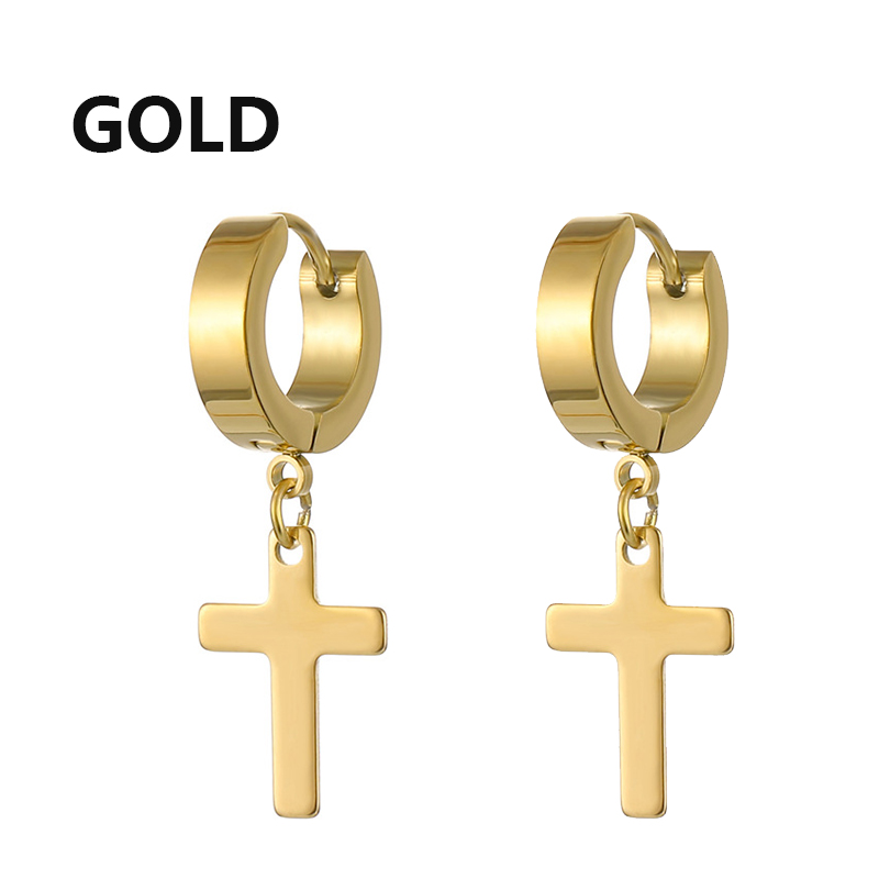Punk Cross Hoop Earrings Stainless Steel Hip Hop Jewelry For Men Women gold