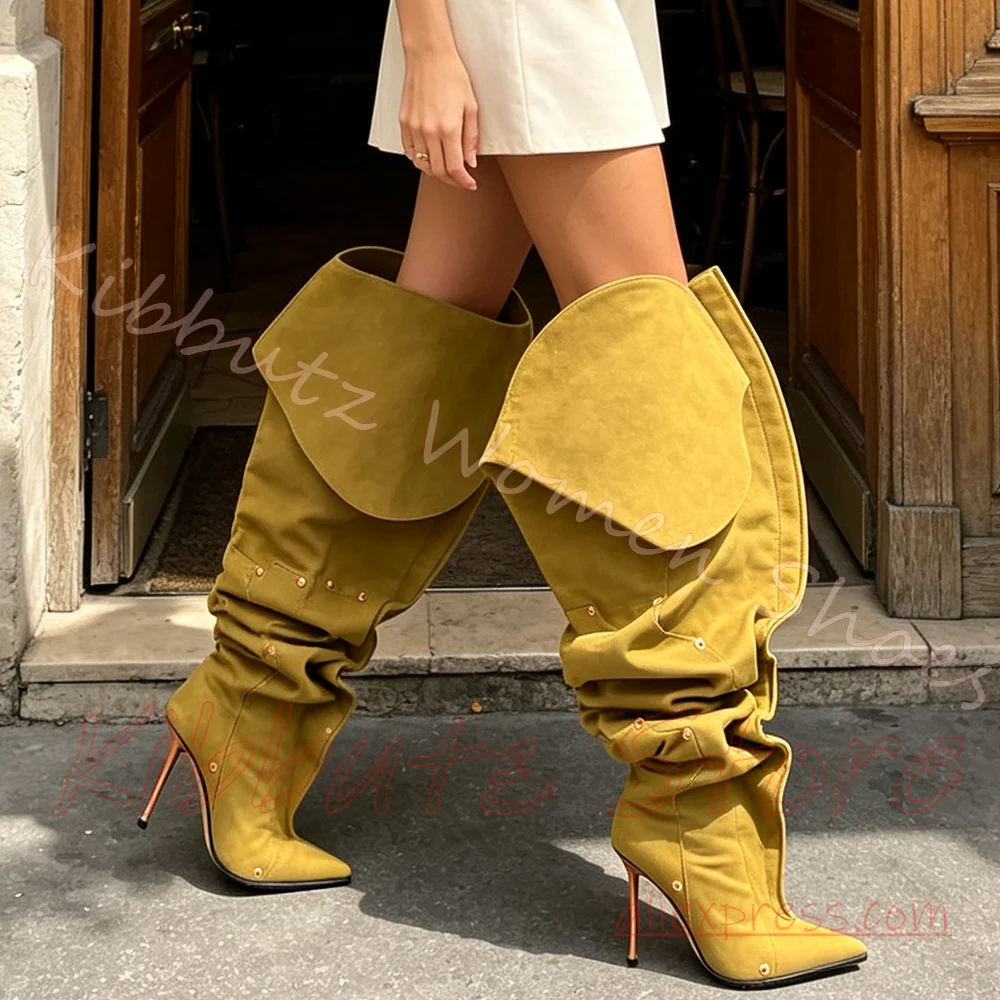 Overknee-Stiefel, lässig, Wildleder, spitze Zehen, Stilettoabsatz, Nieten, Damenschuhe, modisch, Streetwear, Party, Slip-On, elegant