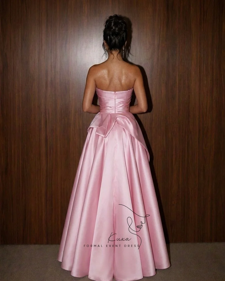 KUXA Customized Pink Satin A‑Line Evening Dress Strapless Pleated Bodice Big Back Bow Formal Prom Wedding Guest Party Gown