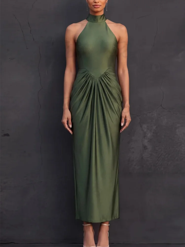 Customized Sexy Halter Sleeveless Pleat Evening Dresses Elegant Backless Celebrity Dress Exquisite High Quality Prom Party Gowns
