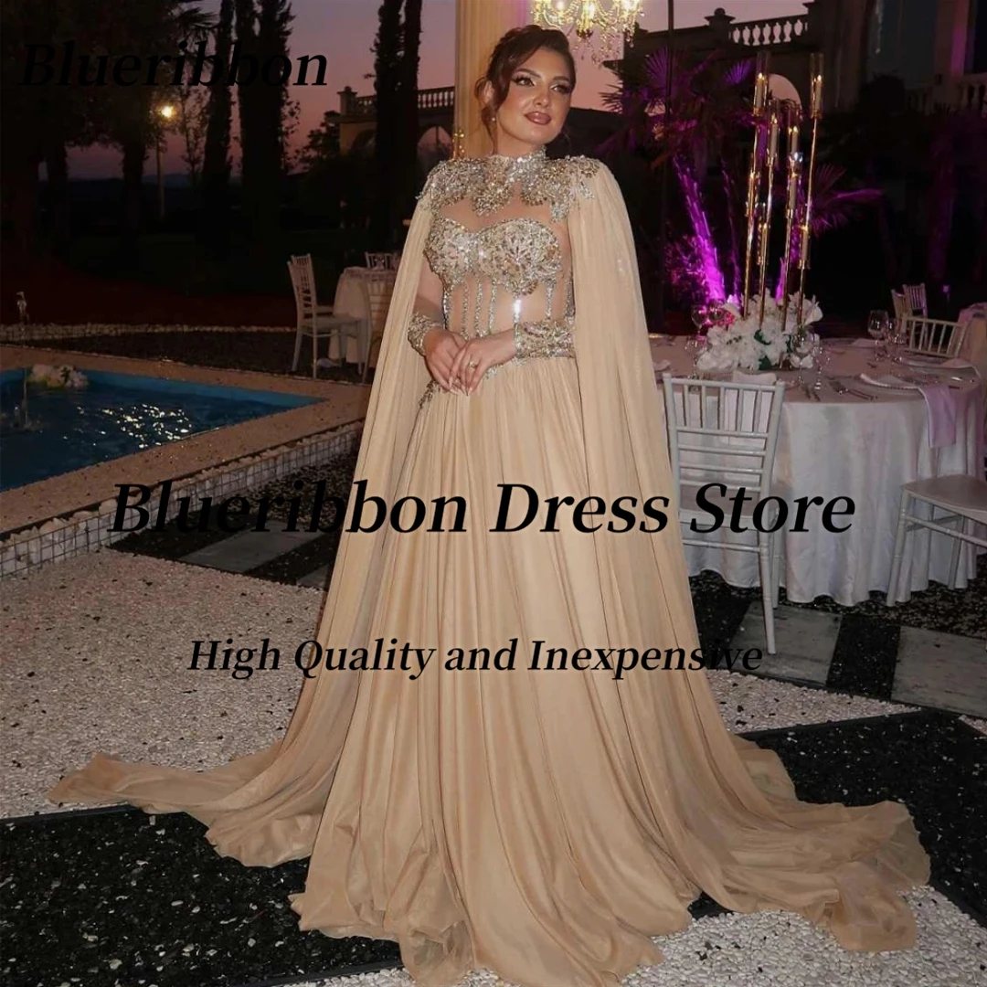 Blueribbon Dubai Women Prom Dresses High Collar Beaded Applique Evening Party Dress A Line Special Occasion Gowns Customized