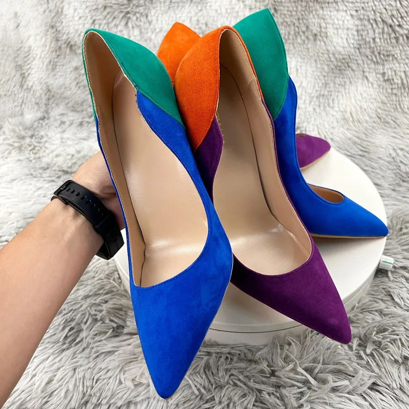 Sexy Orange-Lila Farbblock-Patchwork Damen-Schuhe mit spitzer Zehenpartie und hohem Absatz, aus Kunstwildleder, elegante Stiletto-Pumps, kleine Größen 33-46