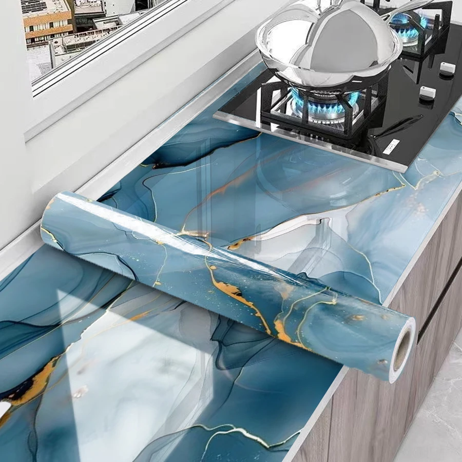 Premium PVC Blaue Achat-Muster Selbstklebende Tapete Wasserdichte Feuchtigkeitsbeständige Wandfolie für DIY Heimrenovierung