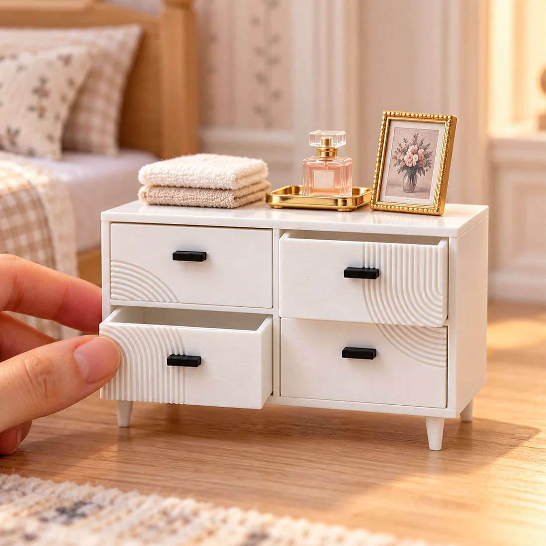 Mobilier pour maison de poupée, mobilier miniature, modèles miniatures pour maison de poupée, échelle 1:12, armoire moderne minimaliste à quatre tiroirs imprimée en 3D, commode de rangement, petit meuble de rangement, armoire à tiroirs à texture...