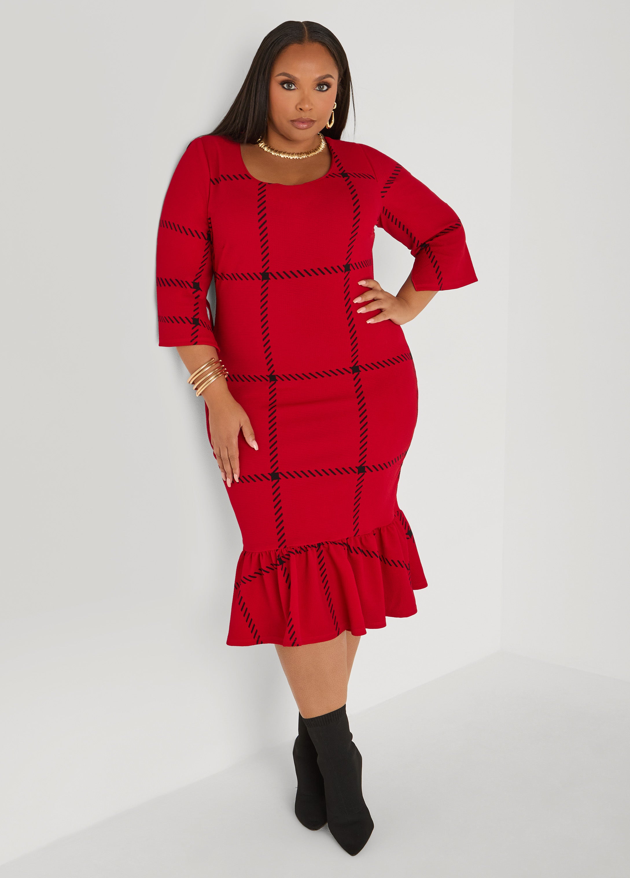 Plus Size Split Sleeve Windowpane Dress