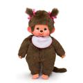 Sekiguchi 255530 Original Monchhichi Girl Plush Toy with White/Pink Bib and Braids with Bows Approx. 45 cm Large Brown Plush