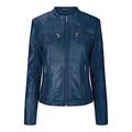 Ladies Real Leather Jacket Short Fitted Vintage Style Blue Retro Chinese Collar - Black L