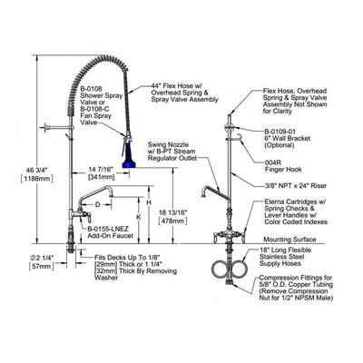 T&S B-0113-A08-B08C EasyInstall Deck Mounted 46 1/4" High Pre-Rinse Faucet with Flex Inlets, Ergonomic Low Flow Spray Valve, 44" Hose, 8" Add-On Faucet, and 6" Wall Bracket