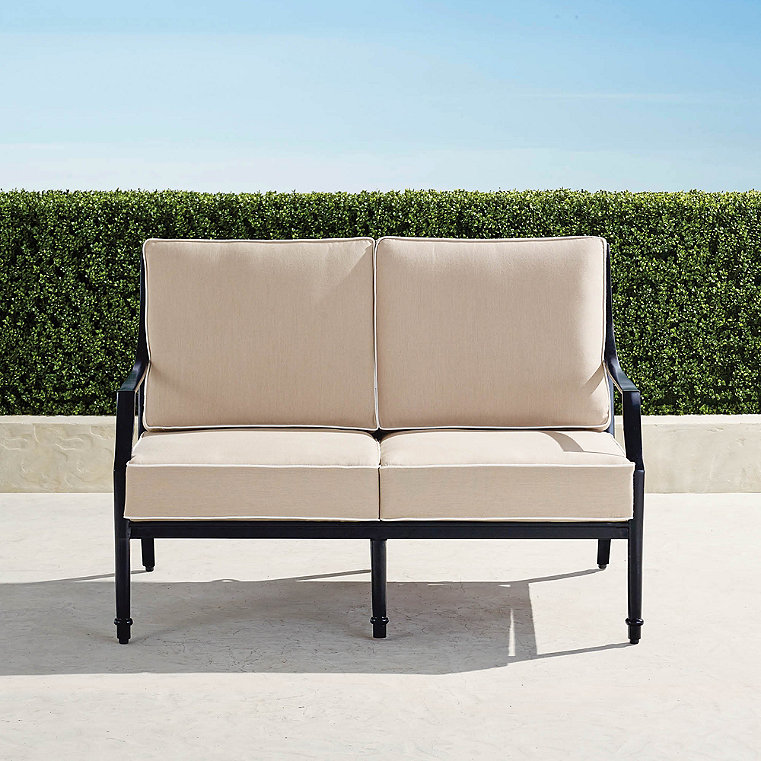 Grayson Loveseat with Cushions in Black Aluminum - Standard, Sand with Natural Piping - Frontgate