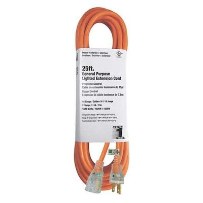 ZORO SELECT 3EA98 SJTW Outdoor Extension Cord, 16 AWG 1 Outlet, 5-15R, Orange,