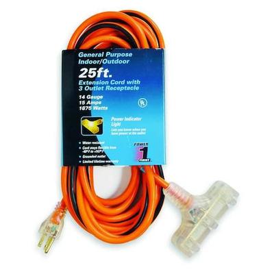 ZORO SELECT 1FD65 SJTW Outdoor Extension Cord, 14 AWG 3 Outlets, 5-15R,