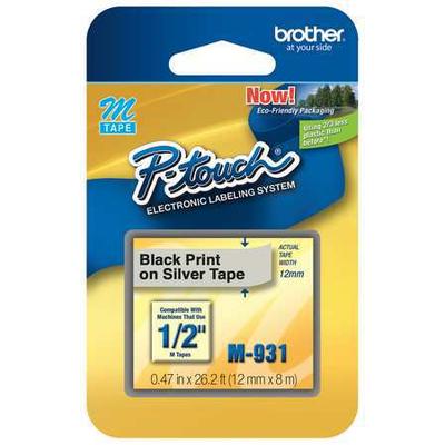 BROTHER M931 Adhesive Label Tape Cartridge 0.47" x 26-1/5 ft., Black/Silver
