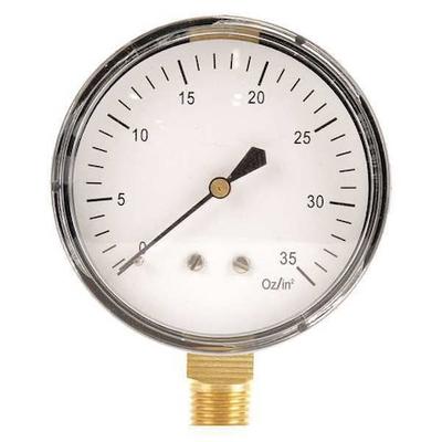 ZORO SELECT 18C778 Pressure Gauge, 0 to 32 oz/sq in, 1/4 in MNPT, Steel, Black