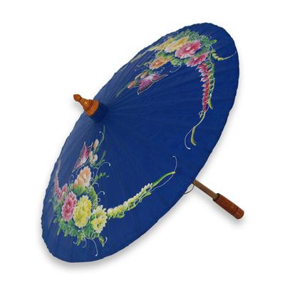 Cotton and bamboo parasol, 'Butterfly Paradise in Blue'