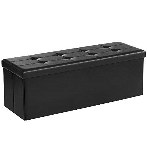 SONGMICS 43 Inches Folding Storage Ottoman Bench, Storage Chest Footrest Padded Seat, Faux Leather, Black ULSF701