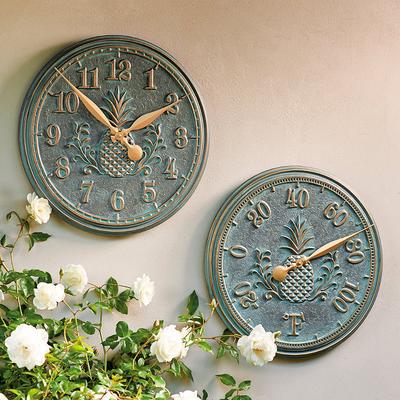 Classic Pineapple Clock and Thermometer - Clock and Thermometer, Bronze Clock and Thermometer - Frontgate