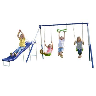 Sportspower kids Sierra Vista Metal Swing Set w/ Lifetime Warranty on 5' Double Wall Slide Plastic/Metal in Blue | 72 H x 124 W x 102 D in | Wayfair