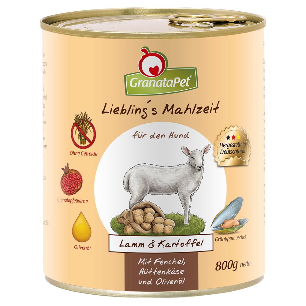 GranataPet 12 x 800 g Alimento umido per cane - Adult Agnello & Patate con Finocchio, Fiocchi di latte e Olio di oliva