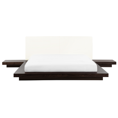 Bett Weiß / Dunkelbraun Kunstleder und MDF-Platten Holzoptik mit Lattenrost 180x200 cm 2 Nachttische Japanischer Stil Sc