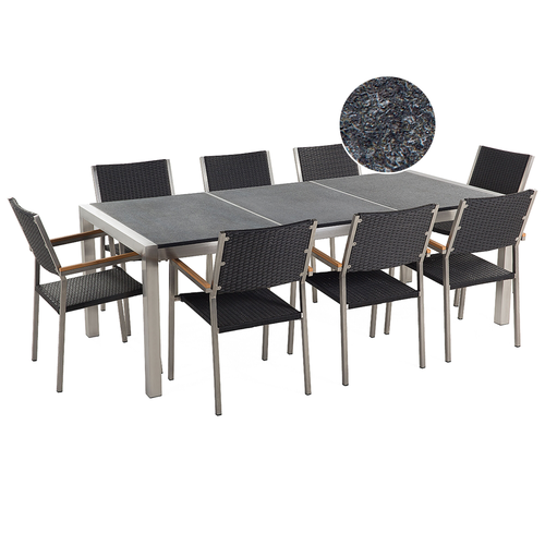 Gartenmöbel Set Schwarz Granit Edelstahl Tisch 220 cm Geflammt 8 Rattanstühle Terrasse Outdoor Modern