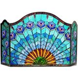 CHLOE Lighting REGAL EUDORA Tiffany-glass 3pcs Folding Peacock Fireplace Screen 48 Wide