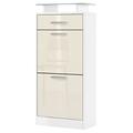 Vladon Loret V2 Shoe Cabinet, Shoe Storage Unit for 8 Pairs of Shoes with 2 Drop-Down Doors and 1 Drawer and Glass Shelf, White matt/Cream High Gloss (46 x 104 x 23 cm)