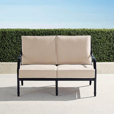 Grayson Loveseat with Cushions in Black Aluminum - Standard, Rain Resort Stripe Air Blue - Frontgate