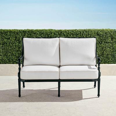 Carlisle Loveseat with Cushions in Onyx Aluminum - Standard, Linen Flax with Logic Bone Piping - Frontgate