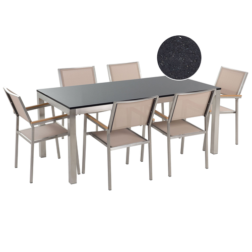 Gartenmöbel Set Schwarz Beige Granit Edelstahl Tisch 180 cm Poliert 6 Stühle Terrasse Outdoor Modern