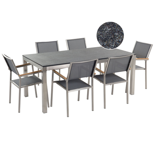 Gartenmöbel Set Schwarz Granit Edelstahl Tisch 180 cm Geflammt 6 Stühle Terrasse Outdoor Modern