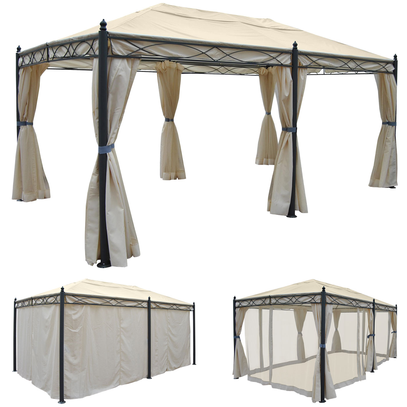 Pergola Cadiz, Pavillon, stabiles 7cm-Gestell 5x3m ~ creme mit Seitenwand + Moskitonetz Image