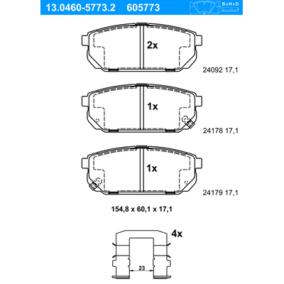 ATE Bremsbelagsatz, Scheibenbremse hinten rechts links mit Zubehör für KIA 58302-3ED00 58302-3ED01 58302-3EE00 13.0460-5