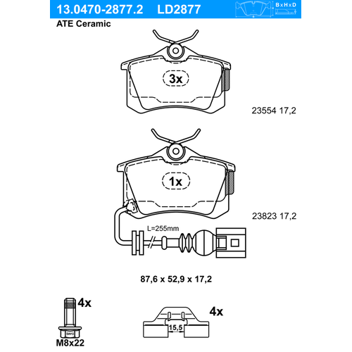 ATE Bremsbelagsatz, Scheibenbremse Ceramic hinten rechts links für SKODA SEAT VAG 6Q0698451B 6Q0698451 13.0470-2877.2