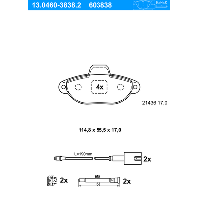 ATE Bremsbelagsatz, Scheibenbremse vorne rechts links mit Zubehör für FIAT FORD 1778385 1669578 77365191 13.0460-3838.2