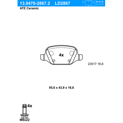 ATE Bremsbelagsatz, Scheibenbremse Ceramic hinten rechts links für FIAT 9949334 77364839 77365786 13.0470-2867.2